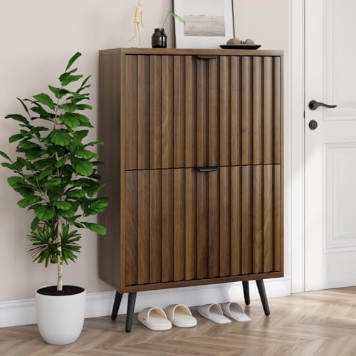 Smuxee Shoe Cabinet with 2 Flip Drawers, 23.6 Walnut Hidden Shoe Storage Cabinet with Fluted Design, Freestanding Shoe Organizer Cabinet for Entryway, Hallway, Closet, Living Room