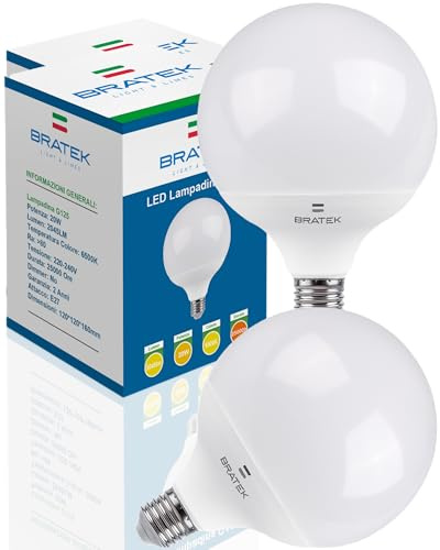 Bratek 2 Lampadine Led E27 Luce Fredda 6500k 20w 2045 Lumen - Lampadine LED E27 Globo Grande G125 - Lampade Globo Equivalenti 175w a Incandescenza o 150w Alogene