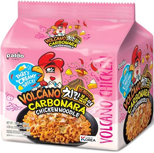 Paldo Volcano Carbonara Chicken Noodles 130g x 8 Packets (Bag of 2) - Bold Fusion of Creamy Carbonara & Fiery Spice | Instant Korean Ramen Multipack
