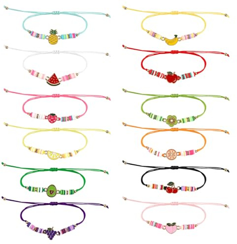 Hopton 12 Pcs Colorful Girls Bracelets, Flat Fruit Bead Adjustable BFF Friendship Bracelets, Cute Girls Party Bag Fillers, Inspirational Bracelet for Women Kids Teens