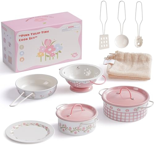ROBOTIME Metallische Spiel-Kochtöpfe und Pfannen für Kinder, Blech-Kochutensilien im Pretend-Spiel, Blumen-SpielKüchenzubehör mit Netzbeutel, für Kinder & Kleinkinder ab 3 Jahren (Rosa)