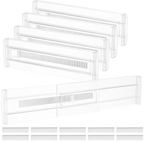 CARANNACLTD 5 Pezzi Divisori per Cassetti Regolabili,Cassetti in Plastica Trasparente Separatori,Divisori per Cassetti,Organizer Armadio o Desktop per Bagno,Comò, Cucina o Trucco Conservazione