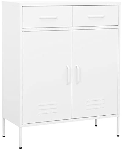 Qnhdfrt White Steel Storage Cabinet 80 cm Wide, 2 Doors & 2 Full-Extension Drawers, 101.5 cm Tall Office Cupboard, Adjustable Shelf, Load 100 kg, for Living Room, Kitchen, Garage