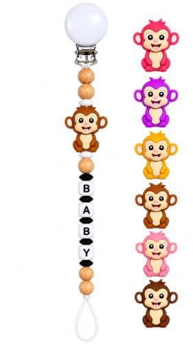 Baby nappkedja klämma, nappkedja 3D djur pärla nappband flickor och pojkar, klämmor för haklapp, triangulär halsduk, napp/barnvagn/babybär/bilstol, baby gåva (apa) (försänkt)