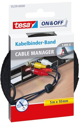 tesa On & Off Cable Manager UNIVERSAL - Klett-Kabelbinder zur Kabelaufbewahrung - bündelt Kabel in Haushalt und Büro - zuschneidbar - 10 mm x 5 m