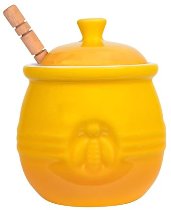 Creative Co-Op Yellow Stoneware Honey Pot with Lid & Wood Honey Dipper