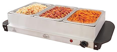 Quest 16520 Compact Buffet Server and Warming Tray / 3 x 1.2L Trays / 200W / Rapid Heating/Adjustable Thermostat/Lids Included, Silver