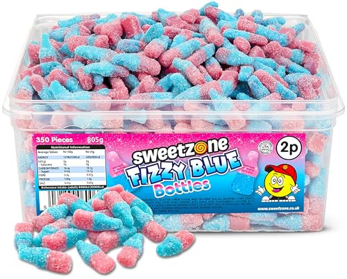 Sweetzone Fizzy Pink & Blue Bottles 805g | Halal Bubblegum Sweets Tub | 350 fizzy pink and blue bubblegum bottle sweets with a soft chewy texture, packed in an 805g Halal tub for sharing.