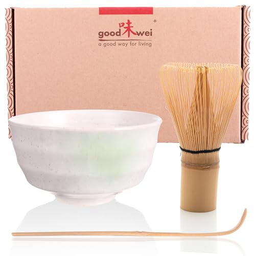 Goodwei Matcha Kit con cuenco de cerámica, batidor de matcha y cuchara de bambú | Matcha Set de regalo para principiantes (Shiro)