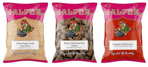 Jalpur Millers Spice Combo Pack | White Poppy Seeds 100g | Black Cardamom Pods 50g | Kashmiri Chilli Powder 100g | 3-Pack Freshly Packed Flavours | Bold, Aromatic Indian Spices for Flavourful Dishes.