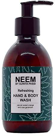 NEEM Sunita Passi - Ayurvedic Neem Hand & Body Wash, 250ml - Nourishing Neem Shower Gel - Sweet Orange & Rose Geranium Essential Oils - Soap Free Cleansing - Vegan & Natural