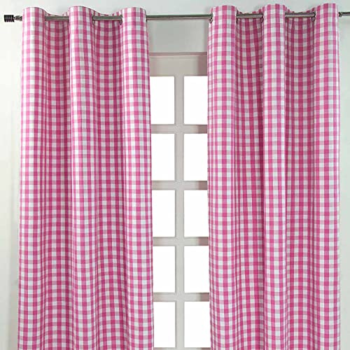 HOMESCAPES – Paire de Rideaux à œillets 100% Coton – Grand Carreaux Vichy Rose – Prêt à Poser 137 x 228 cm