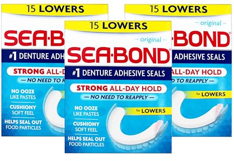 Sea-Bond Secure Denture Adhesive Seals, Original Lowers, Zinc-Free, All-Day-Hold, Mess-Free, 15 Count - 3 Pack