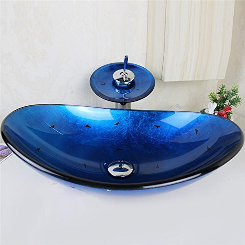 chicstyleme moderne Verre Trempé lavabo robinet Set ovale avec robinet cascade, bague de montage et l'eau