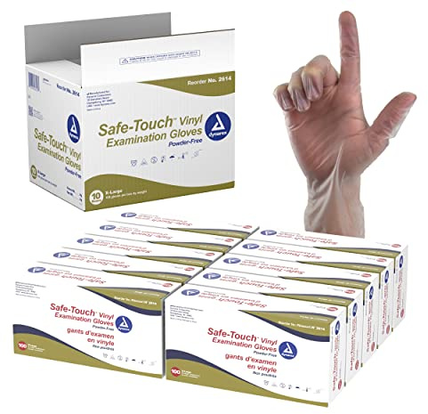 Dynarex Safe-Touch Vinyl Disposable Exam Gloves, Powder-Free, Food Safety and Compliance, Ambidextrous, Clear, X-Large, 1 Case, 10 Boxes of 100 Gloves