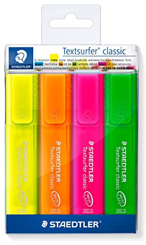 Staedtler 364 P WP4 Textsurfer Classic, Surligneurs Fluorescents Et Translucides De Haute Qualité Résistants Aux Uv, Pointe Biseautée De 1 À 5 Mm, Étui Plastique Avec 4 Surligneurs Assortis