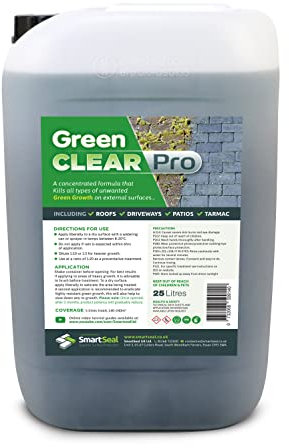 SmartSeal Green Clear Pro - 25 Litres - Biocide (Health & Safety Executive Approval Number 11004) Powerful Green Algae Remover - Best Lichen & Black Mould Remover - Perfect Roof & Driveway Cleaner
