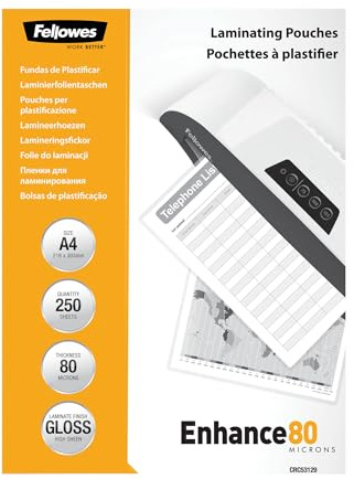 Fellowes A4 Laminating Pouches, Gloss Finish, 250 Sheets, 160 Micron (2x80) Clear & Durable Laminating Pouch - Ideal for Photos and Notices - Large Value Pack