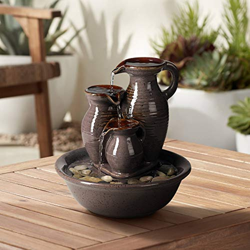 Triple Jug 8 1/4 High Small Zen Modern Indoor Outdoor Decor Ceramic Tabletop Fountain Tiered Waterfall Cascading Water Feature for Outside Garden Patio Yard Desk Backyard Porch Deck - John Timberland
