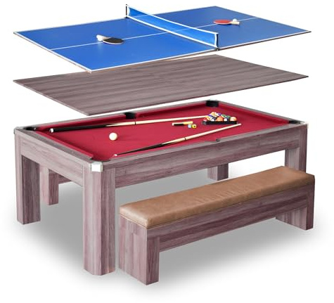 Hathaway Newport 7 Foot Dining Pool Table Combo with Game Accessories, & 2 Benches – Multifunctional Billiards Table with Ping Pong & Dining Top – Light Oak Finish, Chrome Accents, Red Felt