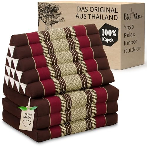 livasia Thaikissen 3 Auflagen extrahoch - 185x55x8cm - Dreieckskissen mit Klappmatratze, Kapok, Jumbo Rückenkissen faltbar, Thaimatte Klappen, handgefertigt, Meditationskissen (Weinrot)