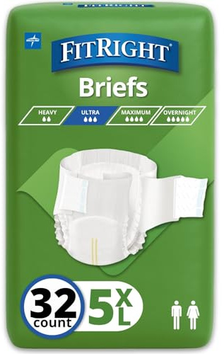 FitRight Bariatric Adult Diapers, Ultra Heavy Absorbency, 5XL (Waist Size 90in-106in), 32 Count, Disposable Incontinence Briefs for Men and Women, Moisture-Wicking, Leak Protection,