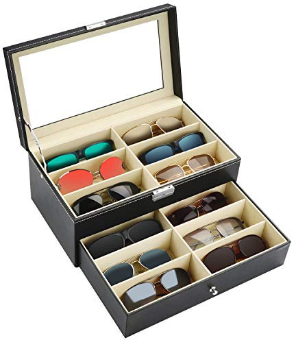 Kurtzy Lockable Sunglasses Display Organiser Box - 2 Tiers and 12 Compartments for 12 Glasses with Lock and Key - 12 Slots for Sunglasses, Eyeglasses and Spectacles - Black Unisex Sunglasses Case