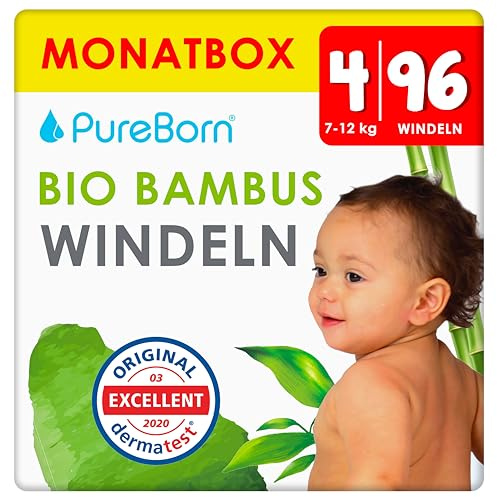PureBorn Pañales Bebé Ecológicos de Bambú, Talla 4 (7-12 kg), 96 piezas, Hipoalergénicos, Ultrasuaves, Estampado Surtido