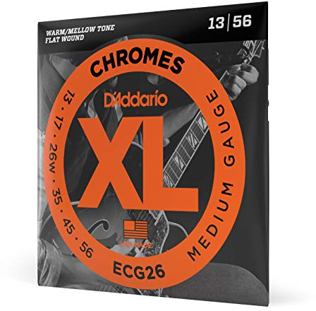 D'Addario Guitar Strings - XL Chromes Electric Guitar Strings - Flat Wound - Polished for Ultra-Smooth Feel and Warm, Mellow Tone - ECG26 - Medium, 13-56, 1-Pack