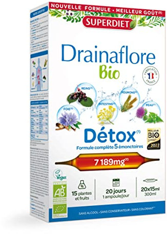 SUPERDIET-DRAINAFLORE BIO - Drainage & Détox- Détox des 5 émonctoires -Fabrication française -20 ampoule de 15 ml