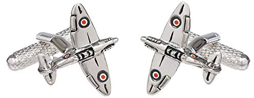 Boutons de manchette Spitfire War Aircraft couleur argent – Livrés dans une boîte en onyx