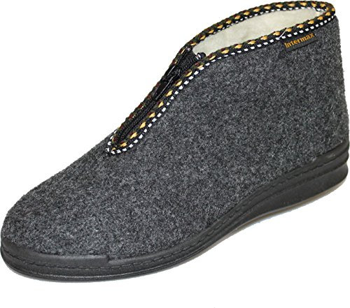 Intermax Damen Bequemer Hausschuh Stiefel mit Reißverschluß, gefüttert Schurwolle, Filz anthrazit 38 EU