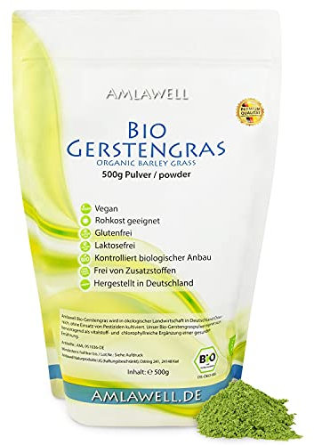 Amlawell Bio Gerstengras Pulver - Vegan - Superfood - mit Vitalstoffen - aus deutscher Herstellung - DE-ÖKO-039