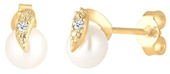 Elli DIAMONDS Boucles d'Oreilles Femmes Femmes avec Diamant et perle d'Eau Douce en Or Jaune 585 | avec perle d'Eau Douce, Or Jaune 585
