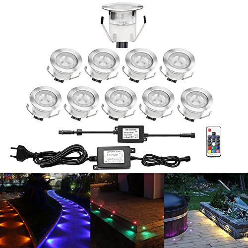 CHNXU 10er Set Terrassen Einbaustrahler LED Bodeneinbaustrahler Ø30mm 0.3W Außen Boden Lampe DC12V IP67 Wasserdicht RGB Farbwechsel-LED Terrasse Licht für Küche Garten Treppen Bad Balkon