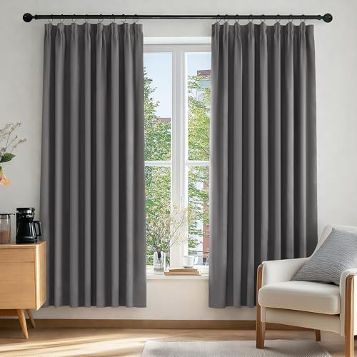 Deconovo Solid Pencil Pleat Curtains Grey Thermal Insulated Tape Top Blackout Curtains for Bedroom 46 x 72 Light Grey 2 Panels