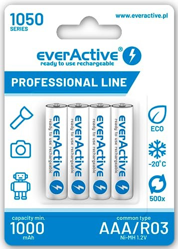 everActive Akku AAA 1050 mAh 4 Stück, NI-MH, Micro R03, wiederaufladbar, vorgeladen, höchster Leistung, Professional Line 1.2V, 1 Blisterkarte, Weiss, EVHRL03-1050