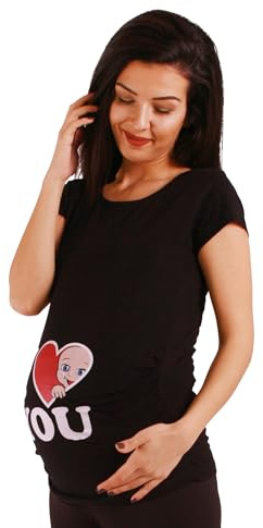 M.M.C. I Love You - Simpatica graziosa T-Shirt Premaman Manica Corta per la Gravidanza (Nero, Medium)
