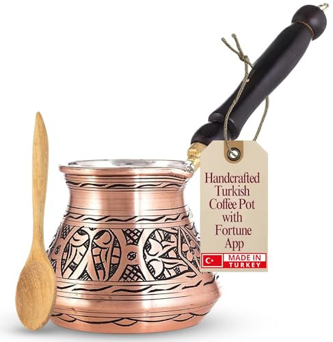 Erbulus Cafetera turca árabe griega de cobre de 12 onzas con aplicación Fortune y mango de madera (4 tazas), cafetera griega Cezve, Ibrik, Briki, cafetera turca martillada