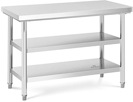 Royal Catering Table De Travail en INOX Plan Cuisine Pro Professionnel Préparation Boucher Acier Inoxydable RCWT-120X60-3L-E (500 kg Max., 120 x 60 cm, 3 Niveaux, Pieds Réglables, INOX)