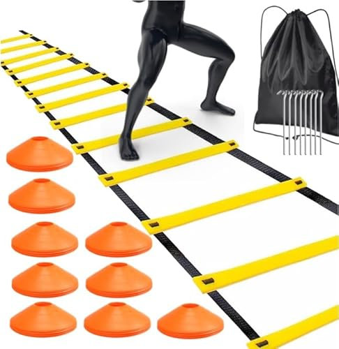 TK Gruppe Timo Klingler 5X Koordinationsleiter 6 m - Fußball Trainingszubehör mit 10x Hütchen - Agility Training für Fussball & Football Zubehör & Equipment