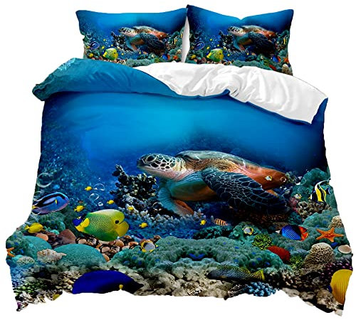 TULTOAP Meerestiere Bettwäsche 135x200cm, Blau Unterwasserwelt Bettwäsche Set Schildkröte Fisch Koralle Drucken Ocean Themed Bettbezug (Meeresschildkröte,135 x 200 cm)