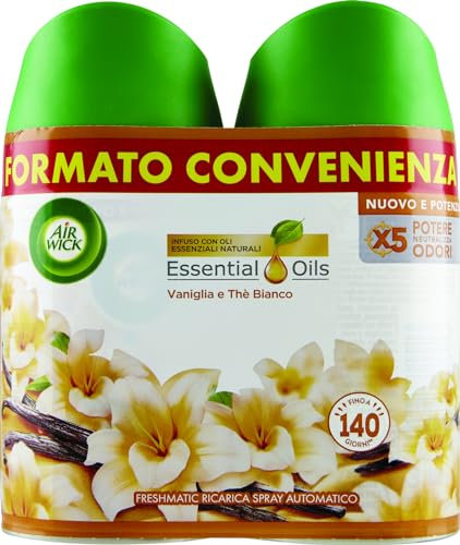 Airwick Freshmatic Profumatore per Ambienti, 2 Ricariche Spray Automatico, Fragranza Vanilgia e Thè Bianco, Profumo da 250 ml