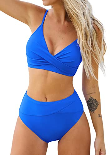 CUPSHE Women Swimsuit Bikini Set Two Piece Bathing Suit High Waisted Wrapped Front Asymmetrical Bottom, XL Royal Blue