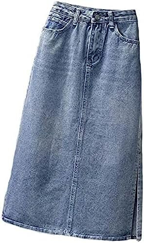 Jupe en Jean - Jupes Longues en Jean Taille Haute Bleues De Grande Taille, Jupe De Cowboy Fendue Au Dos avec Boutons À La Mode, Femmes De Printemps Et d'automne Adaptées À Un Usage Quotidien,Bleu
