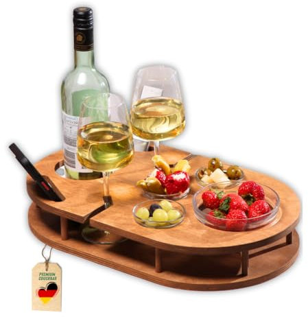 Weinbar für die Couch in Eiche mit 4 Glasschalen | Couchbar Snackbox für Wein mit Getränkehalterung für Weingläser und Weinflasche | Sofabar für Snacks | Couch Tablett | Snackbar