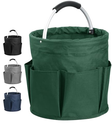 IHOMAGIC Vikbar förvaringsfack med 6 ytterfickor – rund verktygskorg, bärkorg, korg för hemförvaring, shopping, picknick, strand, trädgårdsverktyg – 17 L – svartgrön