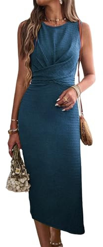 Jiraewh Damen ärmelloses Sommerkleid Bodycon Enges Bleistiftkleid Figurbetontes Elegantes Hochzeitsgast Midi Tank Kleider Mit Gürtel (S,Marineblau)