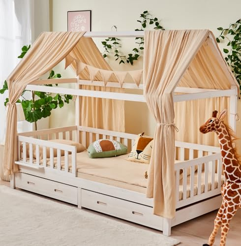 ALAVYA HOME Juego de decoración para cama de casa con dosel de 3 piezas, 2 doseles de cama + banderines, muselina orgánica de algodón, para habitación infantil, para niñas y niños, 125 x 350 cm, color