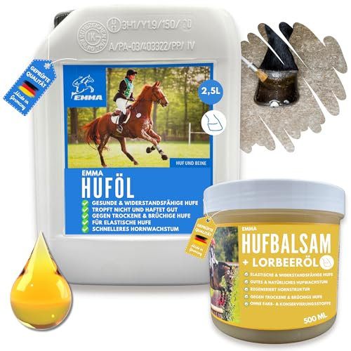 Huffett Pferd & Huföl Pferd mit Lorbeeröl 2,5 0,5 l Hufbalsam für Pony I Huföl Kanister - Hufpflege für Pferde I Schnelle Hilfe für trockene Hufe Strahlfäule Strahlmittel I Hufgel Öl Gel gut haftend